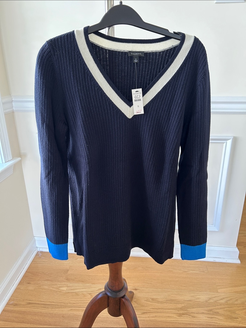 Talbots Navy V‑Neck Sweater with White Trim and Blue Cuff Accents